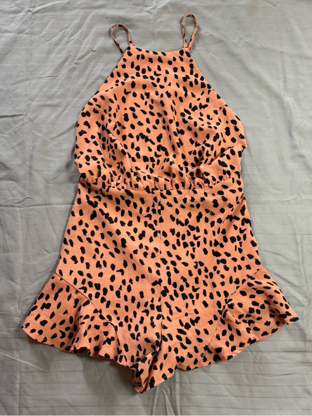 She + Sky Romper Large Flinstone Animal Print Halter Summer  Open-Back Ruffle